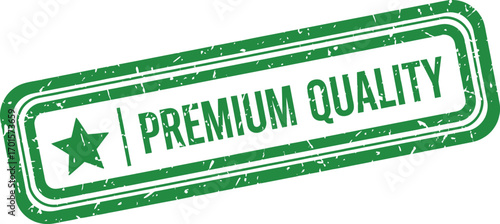 Green Premium Quality Stamp with Star and Grunge Texture on White Background
