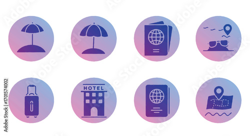 Travel themed symbols representing vacation destinations and necessary documents for a trip, evoking a sense of wanderlust and excitement.