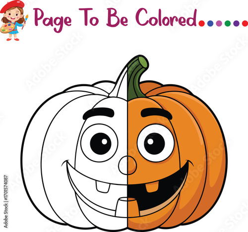 Halloween Pumpkin Coloring Page – Funny Half Colored Pumpkin with Smiling Face – Fun Kids Activity Printable for Preschool and Kindergarten