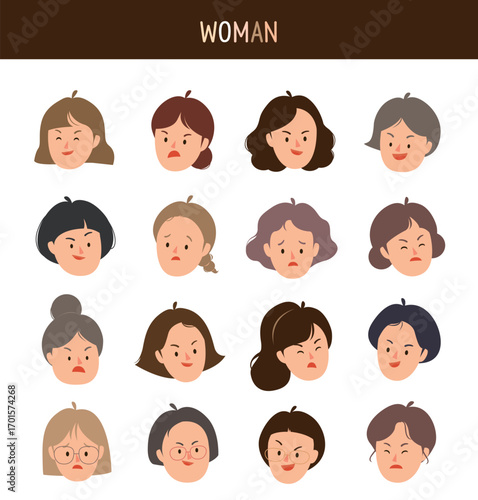 동양 여성의 다양한 화난 얼굴