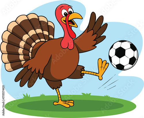 Thanksgiving Soccer Turkey Vector – Funny Cartoon Turkey Playing Football with Ball – Autumn Holiday Illustration
