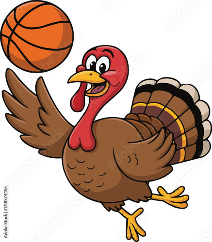 Thanksgiving Basketball Turkey Vector – Funny Cartoon Turkey Playing with Ball – Autumn Holiday Sports Illustration for T-Shirt Design, Decoration, and Digital Download