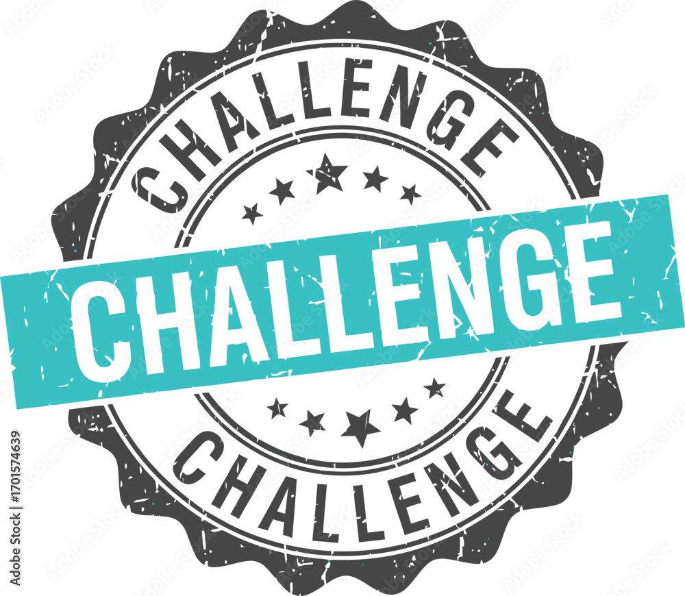 Obraz premium Grunge Challenge Stamp with Teal Banner on White Background and Star Accents