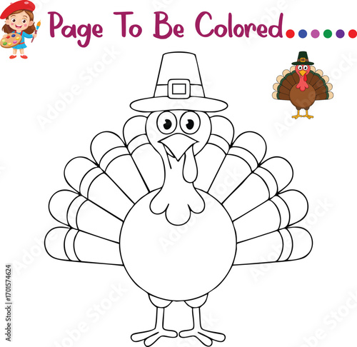 Thanksgiving Pilgrim Turkey Coloring Page – Cute Cartoon Turkey Wearing Pilgrim Hat – Fun Kids Activity Printable for Preschool and Kindergarten