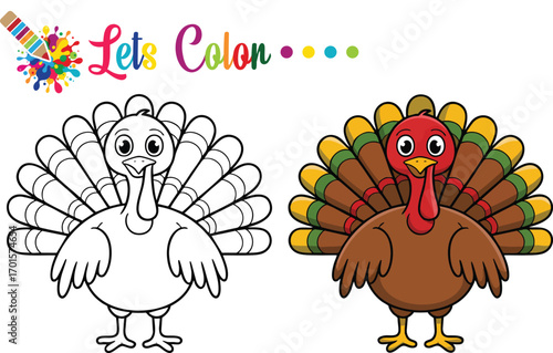 Thanksgiving Turkey Coloring Page – Cute Cartoon Turkey Outline and Colored Version – Fun Kids Activity Printable for Preschool and Kindergarten