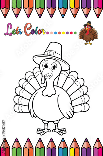 Thanksgiving Pilgrim Turkey Coloring Page – Cute Cartoon Turkey Wearing Pilgrim Hat – Fun Kids Activity Printable for Preschool and Kindergarten