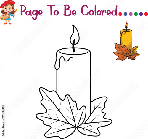Thanksgiving Candle Coloring Page – Autumn Candle with Maple Leaves Illustration – Fun Kids Activity Printable for Preschool and Kindergarten