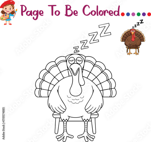 Thanksgiving Sleeping Turkey Coloring Page – Funny Turkey Napping on Chair with Zzz – Fun Kids Activity Printable for Preschool and Kindergarten