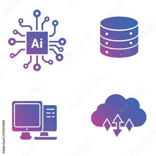Artificial intelligence concept showing interconnected circuit board with server, computer and cloud computing representing modern technology and innovation.