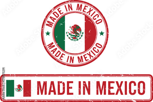 Grunge Stamp and Rectangle with Mexico Flag Colors and Made in Mexico Text on White