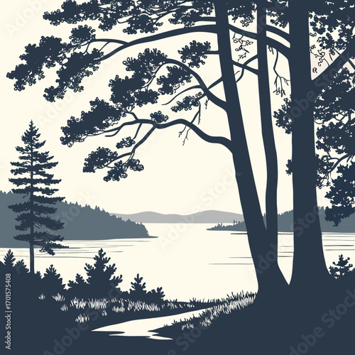 Vector art of monochrome vector illustration of a peaceful lake surrounded by a dense forest, with towering trees in the foreground, creating a scenic and inviting natural environment