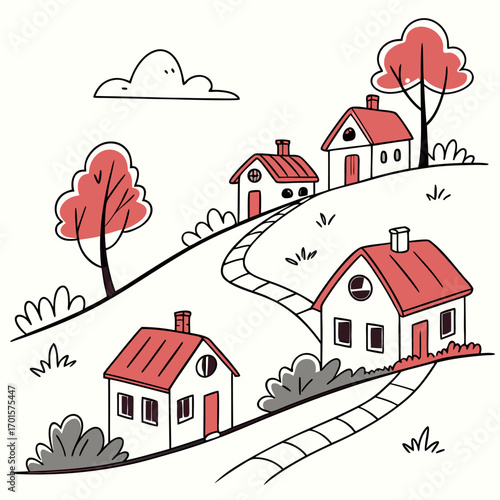 Vector art of a whimsical illustration of houses nestled on rolling hills, connected by winding paths, creating a charming village scene under a gentle sky, evoking a sense of community