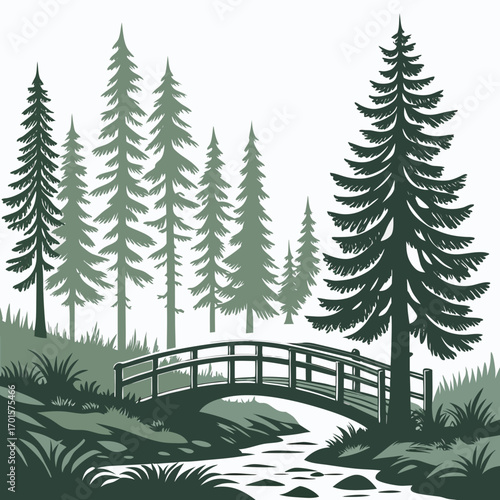 Vector art of monochrome illustration showcasing a serene forest scene with tall pine trees and a wooden bridge over a gentle stream, evoking tranquility and natural beauty