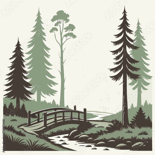 Vector art of vintage illustration capturing a peaceful forest setting with towering trees and a charming bridge spanning a flowing creek, creating a nostalgic and scenic vista