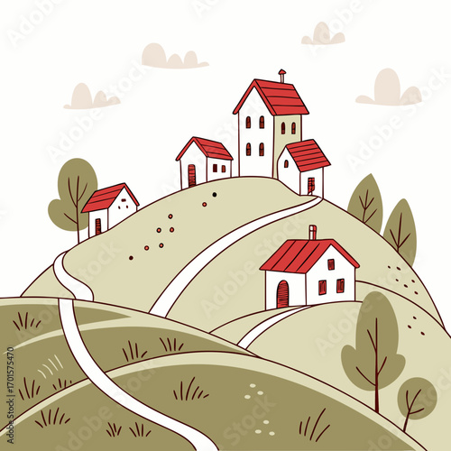 Vector art of whimsical village illustration featuring houses with red roofs nestled on rolling hills, creating a charming and idyllic countryside scene with winding paths