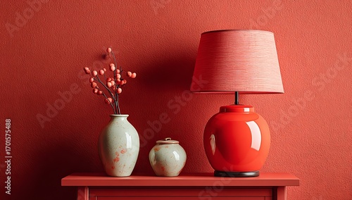 a red table lamp sits on a shelf against a solid-colored background, showcasing a minimalist style with a red and orange theme. this high-resolution product photography offers ample copy space.