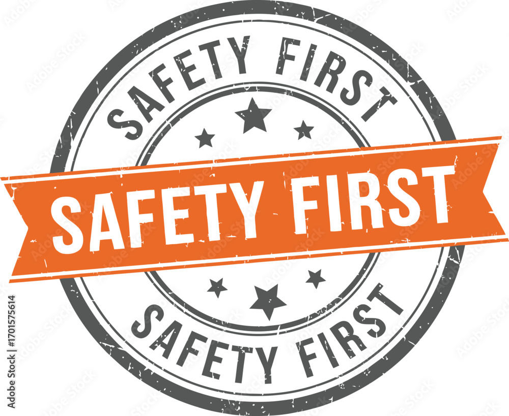 Fototapeta premium Grunge Style Safety First Design with Star Icons and Orange Banner Element
