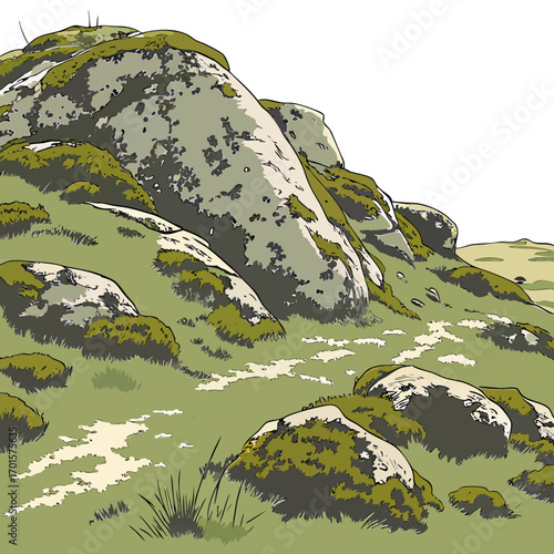 Vector art of a picturesque hillside scene, featuring mosscovered rocks and lush green grass, creating a serene and inviting natural environment for relaxation and contemplation