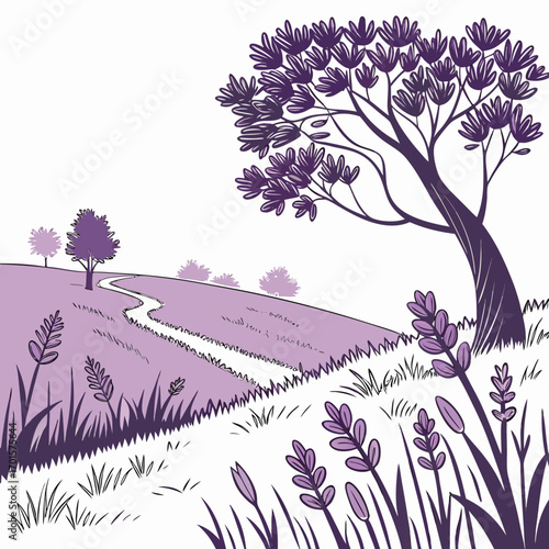 Vector art of lavender field landscape a serene scene of rolling hills adorned with lavender bushes, a winding path, and trees in shades of purple, creating a peaceful countryside view
