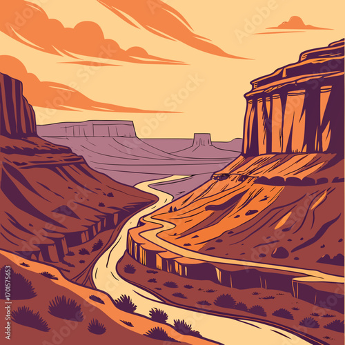 Vector art of a majestic canyon landscape unfolds with towering rock formations and a winding river, bathed in the warm hues of a sunset sky, creating a breathtaking and aweinspiring vista
