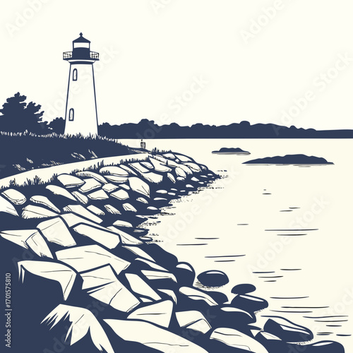 Vector art of vector illustration of a lighthouse on a rocky coast coastal scene with a lighthouse, rocks, and ocean in a minimalist style, perfect for travel