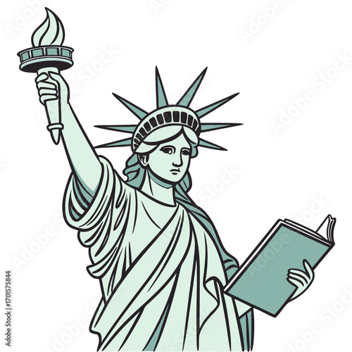 Illustration of the statue of liberty, holding a book and torch, symbolizing knowledge and enlightenment, with a serious expression and detailed design
