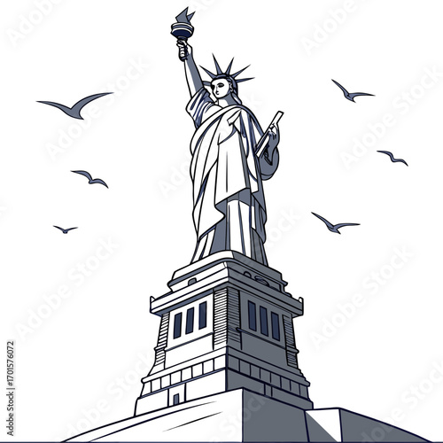 Vector art of statue of liberty with birds flying around it the iconic symbol of freedom and democracy in new york city, a popular tourist destination