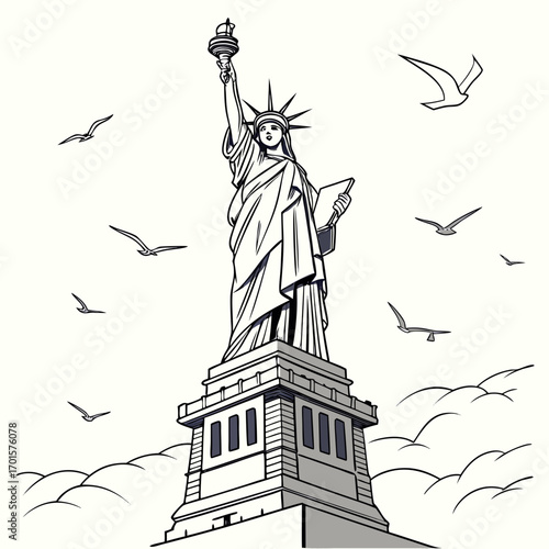 Vector art of statue of liberty with birds flying around it the iconic symbol of freedom and democracy in new york city, a popular tourist destination