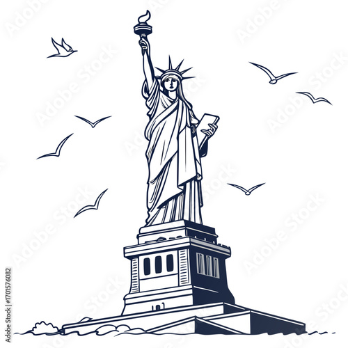 Vector art of statue of liberty with birds flying around it the iconic symbol of freedom and democracy in new york city, a popular tourist destination