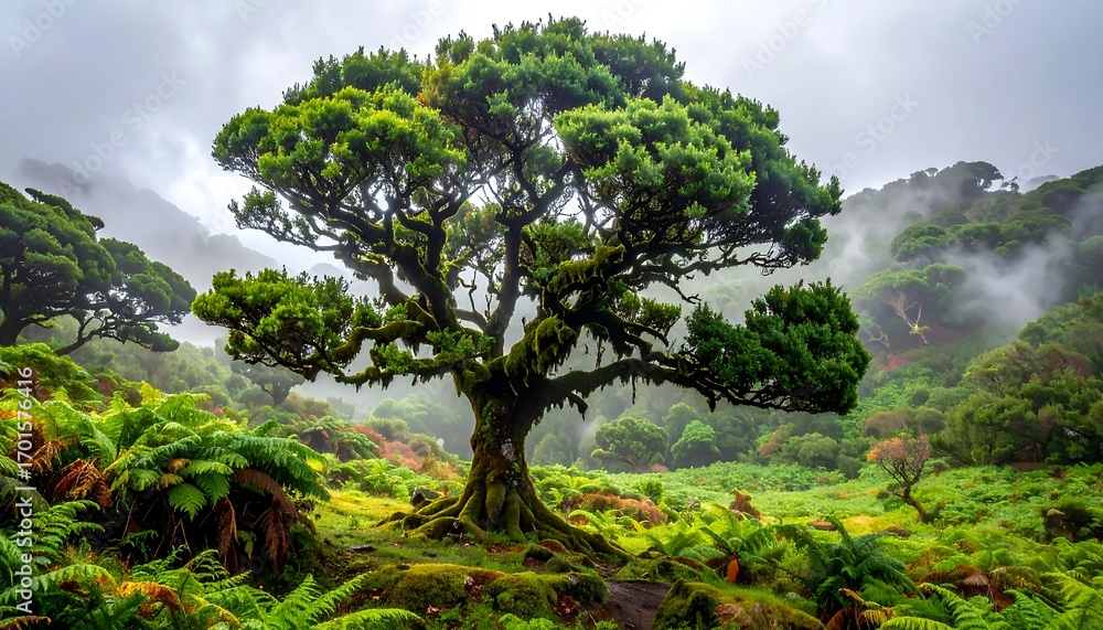 Fototapeta premium A magnificent old tree stands majestically in a lush, misty mountain valley, showcasing a vibrant green landscape filled with ferns and other plant life.