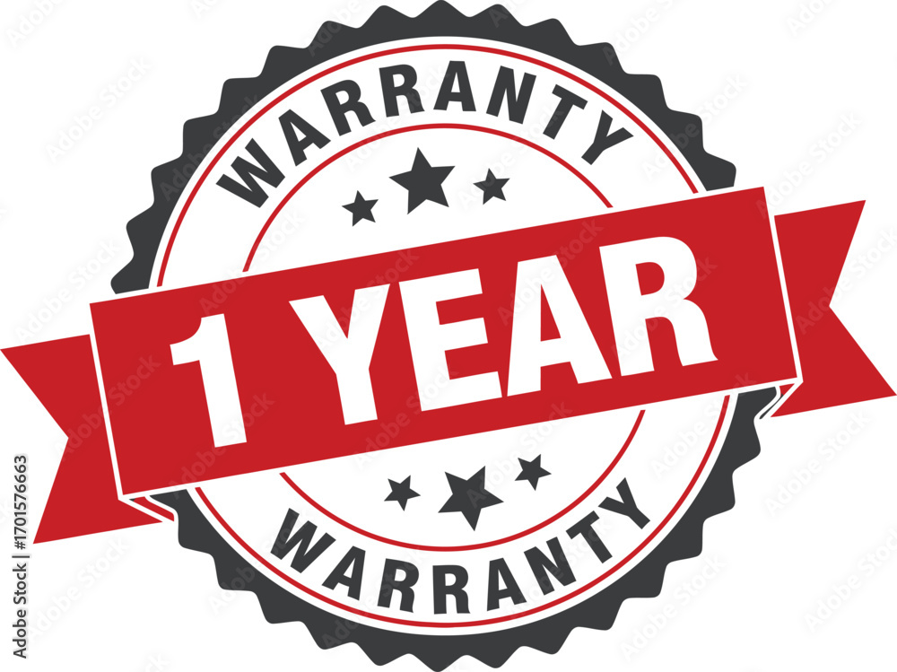 Obraz premium One Year Warranty Badge with Ribbon Banner and Star Symbols in Grey Red and White