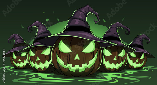 A wicked horde of jack-o'-lanterns with witch hats casts a magical green glow. Their sinister light reflects on the wet ground amidst glowing sparks, creating a scene of dark enchantment.