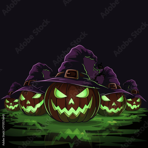 A coven of wicked jack-o'-lanterns, each wearing a witch hat, emits an eerie green magical light. This sinister vector illustration is perfect for supernatural or enchanted Halloween themes.