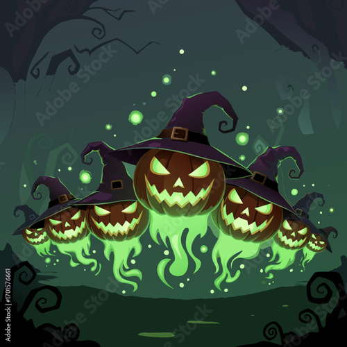 A squadron of flying jack-o'-lantern ghosts with witch hats haunt a spooky forest. These supernatural spirits float with eerie green ethereal trails and magical particles in the dark night.