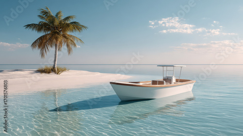 Fototapeta Naklejka Na Ścianę i Meble -  A small boat rests on the turquoise water of a tropical beach under a bright blue sky