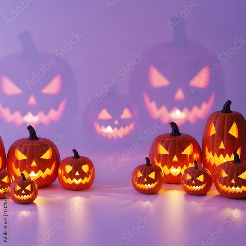 A group of glowing jack-o'-lanterns casts large, spooky shadow faces on a purple wall behind them. A scary and atmospheric scene for a Halloween background or a concept of manifesting fear.