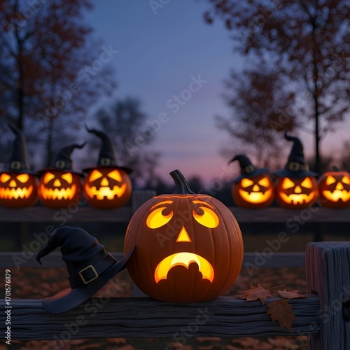 A lonely pumpkin with a sad, glowing face sits in the foreground. In the blurry background, a row of other jack-o'-lanterns wears witch hats. A concept of sadness, loneliness, or being different.