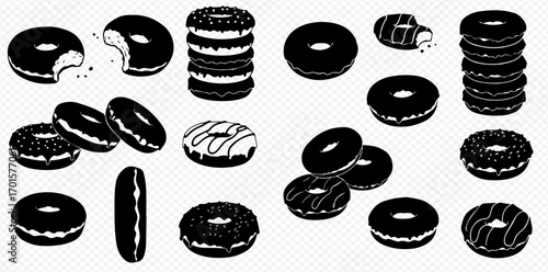 Black and white vector illustration featuring various donuts, some stacked, some with bites taken, and different toppings.