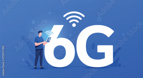 Person holding a smartphone, showcasing the future of 6G technology. EPS Vector