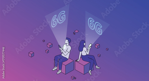 Modern illustration depicts two people, a man and a woman, sitting and interacting with their smartphones. EPS Vector