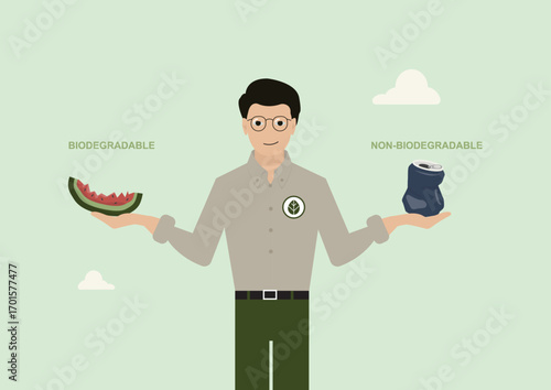 Man Comparing Biodegradable and Non-Biodegradable Waste Items. Environmental waste sorting and sustainability concepts. Biodegradable vs Non-Biodegradable. Flat style. Vector illustration