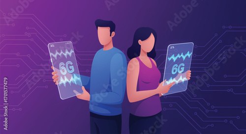 Futuristic Illustration of 6G Technology with People Holding Transparent Smartphones. EPS Vector