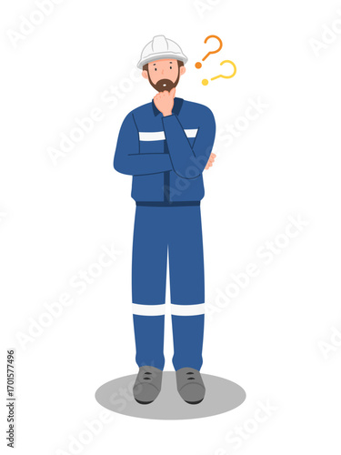 Industrial engineer in uniform and hard hat thinking, workplace decision making and problem solving illustration