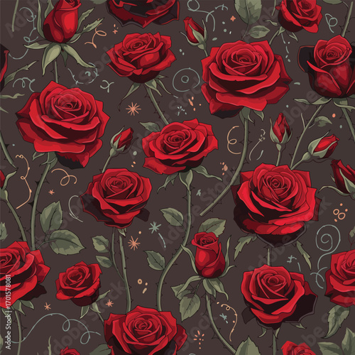Wallpaper Mural Beautiful seamless floral pattern with red roses and leaves on a dark background design, patern seamless, royalty stock. Torontodigital.ca
