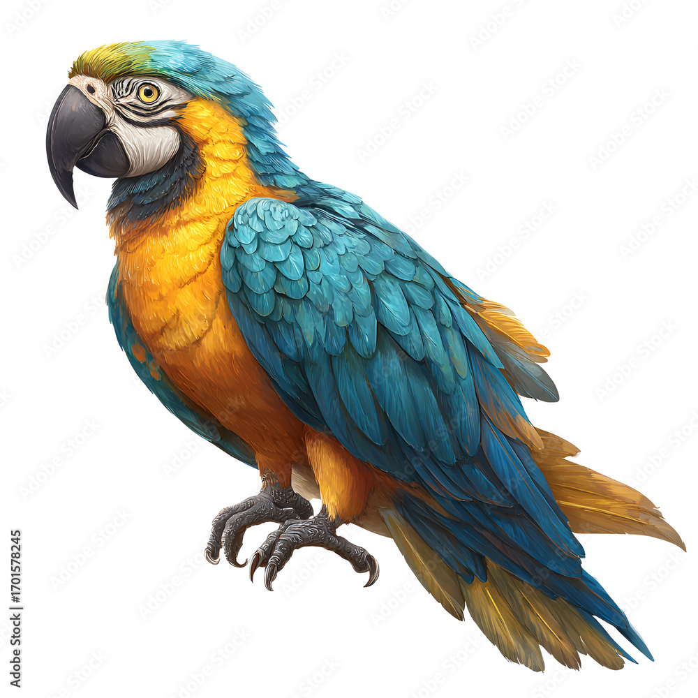 Fototapeta premium Colorful Blue and Yellow Macaw Parrot on White Background