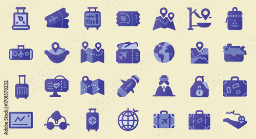 Collection of travel symbols representing planning and journey, including luggage, tickets, maps, and transportation, conveying a sense of adventure and exploration.