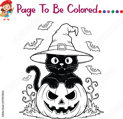 Halloween Black Cat Coloring Page – Cute Witch Hat Cat on Pumpkins with Flying Bats – Fun Kids Activity Printable for Preschool