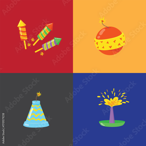 Festive firework, pyrotechnics and firecracker for celebrating Merry Christmas, New Year, happy birthday and other family and fun holidays. Colorful firework and firecracker for party