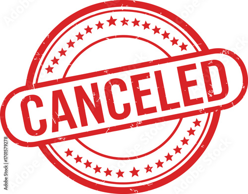 Red Canceled Stamp Round Shape with Stars, Grunge Texture on Transparent Background