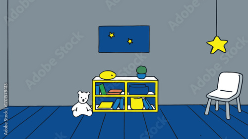 Whimsical children's room with teddy bear, bookshelf, and star decor creates a cozy, playful atmosphere